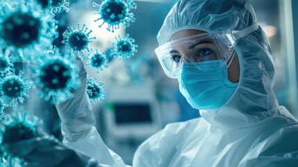 Scientific research on virus particles laboratory medical imagery clinical environment close-up view health awareness