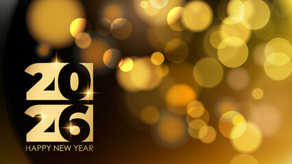 2026 Happy New Year celebration banner. Bright blurred bokeh lights. Gold color. Vector illustration.	