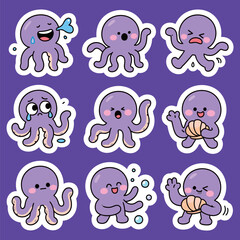 Fototapeta premium Cute Purple Octopus Expressions Showing Various Emotions and Activities