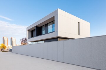 Modern Residential House Behind Tall Acoustic Panel Sound Barrier with City Traffic Shielding