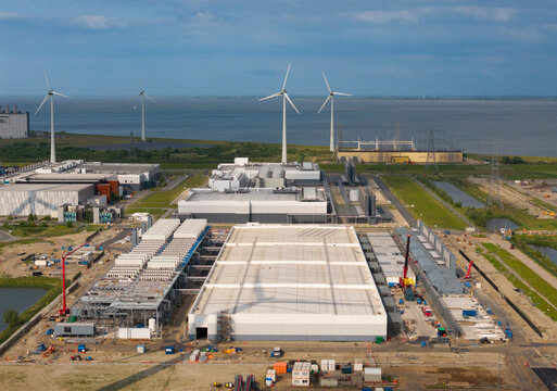 Aerial view of data center construction in Eemshaven