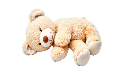 Stuffed teddy bear lying down with soft fur on a white background  