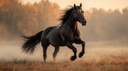 Galloping horse in misty field at dawn nature photo beautiful autumn landscape dynamic view