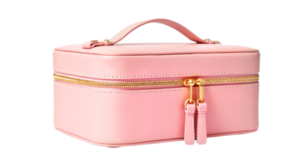 Pink cosmetic case with gold zipper on won transparent background