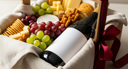 Luxury Gift Basket with Wine, Cheese, Crackers and Grapes for Celebration