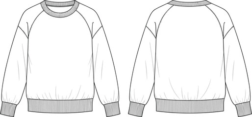 Cad drawing flat vector illustration of basic crew neck sweatshirt, front and back view, fashion technical sketch, casual unisex clothing design