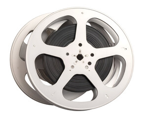 Obraz premium This vintage metal film reel, perfectly wound with dark tape, symbolizes the enduring magic of cinema.