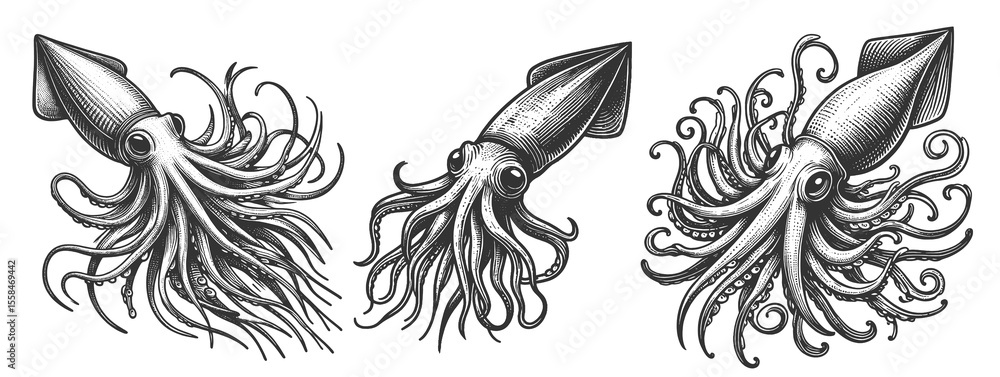 Poster squid set collection bundle sketch engraving generative ai raster illustration. scratch board imitat