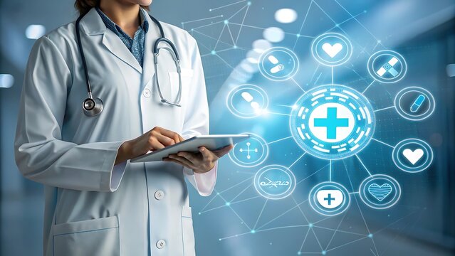 Male medicine doctor hold healthcare medical icons for the Health insurance concept in hospital background, Doctor Holding Digital Medical Icons – Healthcare Technology and Innovation Concept. - Powered by Adobe