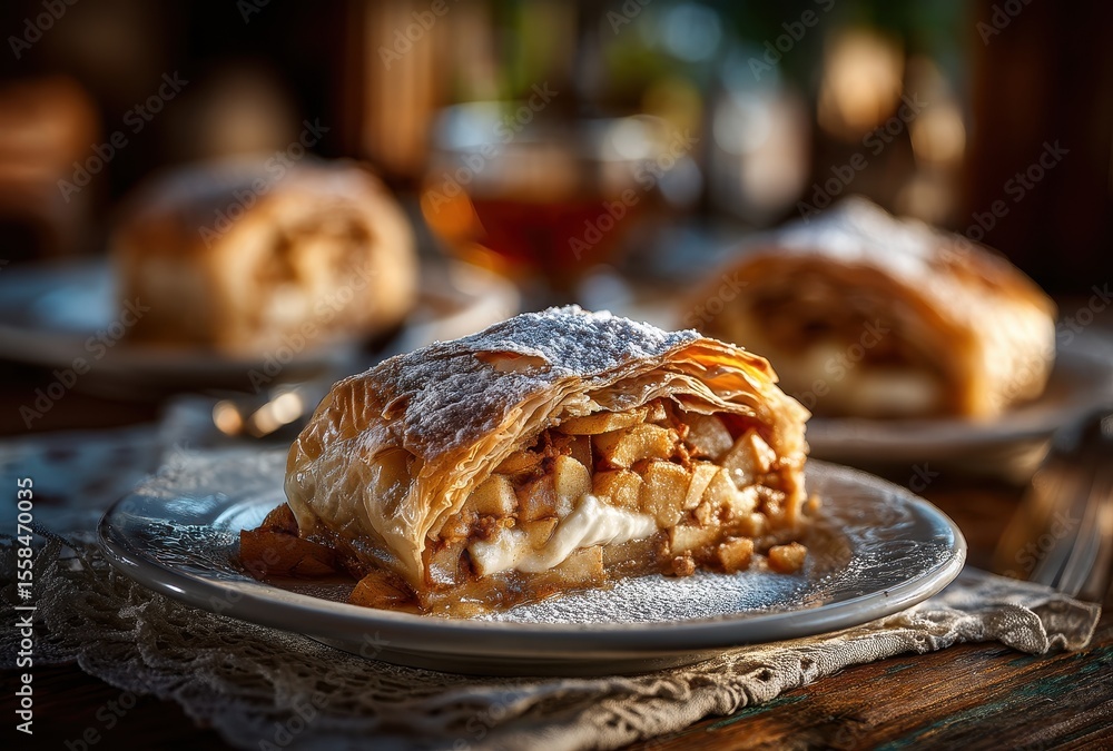 Poster delicious and flaky apple strudel with cream on a decorative plate with powdered sugar and warm back