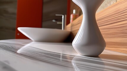Modern bathroom countertop featuring a stylish vase and sink, with warm wood accents