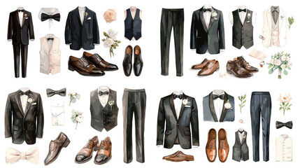 Elegant watercolor collection of men’s wedding outfits, including suits, trousers, shoes, and accessories. Perfect for fashion guides or formalwear content.

