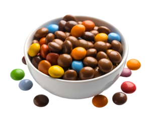 Delicious chocolate-covered candies in bright hues tumble from a bowl, offering a delightful sugary snack.