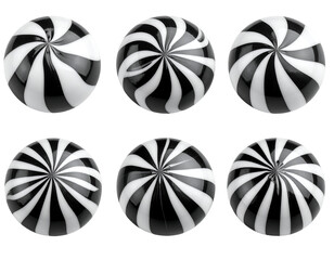 Captivating black and white striped spheres with a glossy finish and a dynamic spiral design.