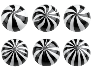 Captivating black and white striped spheres with a glossy finish and a dynamic spiral design.