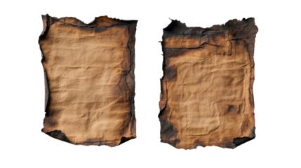 two antique burned parchment sheets on white background