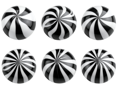 Captivating black and white striped spheres with a glossy finish and a dynamic spiral design.