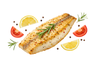 Delicious grilled fish fillet garnished with fresh rosemary, juicy lemon and tomato slices against a dark background