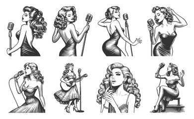 Fototapeta premium pin-up woman singer with retro microphones, music and glamor vibes Set collection bundle sketch engraving generative ai raster illustration. Scratch board imitation. Black and white image.