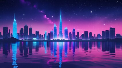 Neon Cityscape at Night with Reflections in Water Skyline