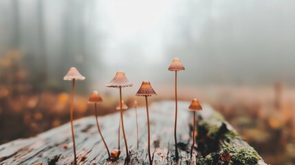 Fototapeta premium Mushrooms sprouting on a log in a misty forest during early morning