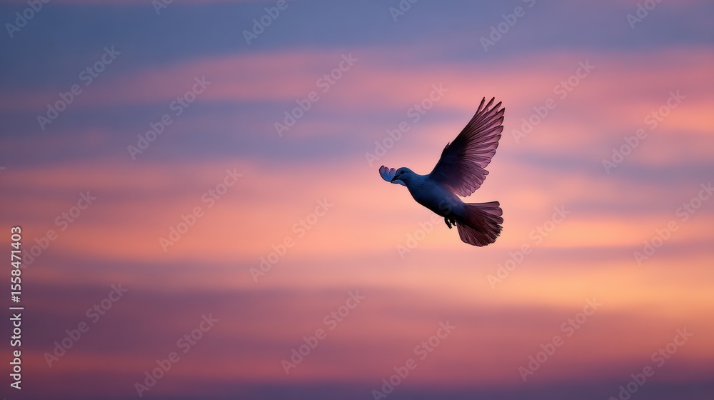 Aufkleber Peace Dove Gliding Through a Gradient Sky at Sunset Over Open Space