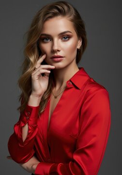 Woman model, elegant poise in red atin dress