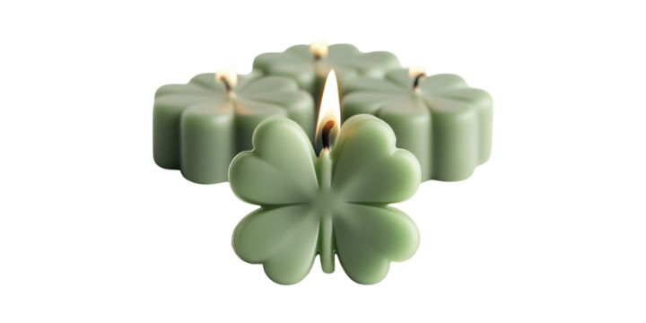 Clover-Shaped Green Candles With Flames. Symbol Of Luck And Tranquility Isolated On Transparent Background