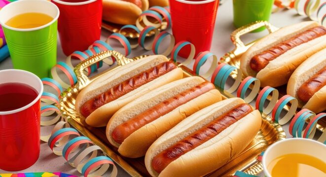 Celebration of national hot dog month with festive table setting and beverages