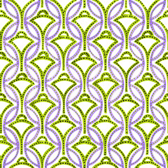 Seamless geometric pattern with vibrant lines and shapes. Hand-drawn with acrylic markers. Abstract modern background in green, violet, and white. Bold design.