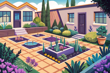 modern backyard garden with geometric layout, clean lines, and minimal greenery perfect for landscape design, architecture, and outdoor lifestyle visuals