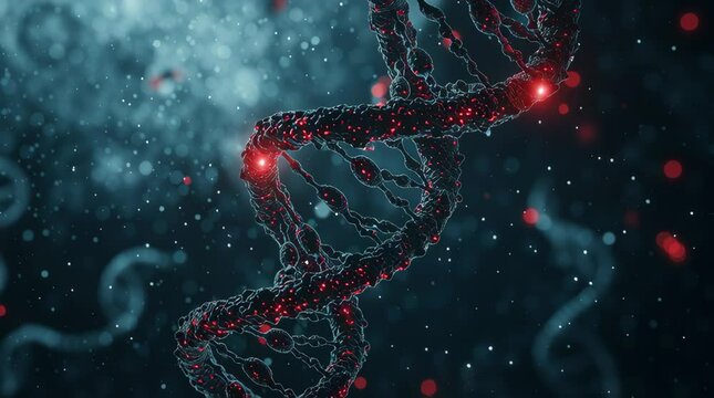 the dark dna string rotating with red electral light travelling through dna strains 
