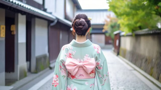 A serene moment unfolds as a woman gracefully walks down a traditional Japanese street, adorned in a beautifully patterned kimono with an elegant bow.