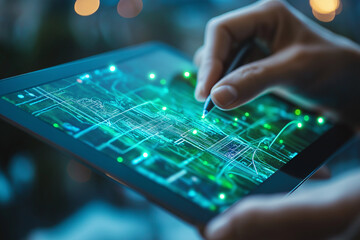 GIS specialist using a tablet with a digital interface overlay showing geospatial data, satellite imagery, technology graphs location analysis, mapping trends, spatial patterns, geographic mapping
