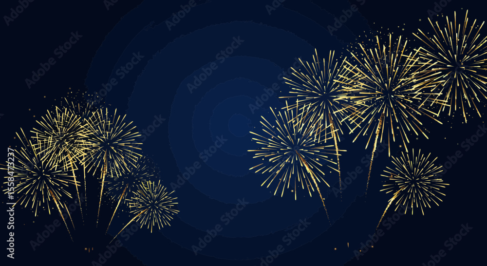 Poster elegant golden fireworks exploding in the night sky background with copy space