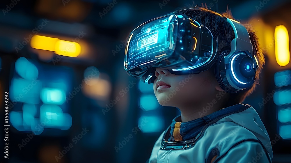 Poster asian child using virtual reality technology in a futuristic science lab