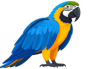 Fototapeta premium A vibrant blue and yellow macaw parrot stands gracefully, showcasing its beautiful plumage.