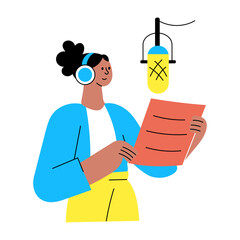 A flat style illustration showing a person doing audio recording 
