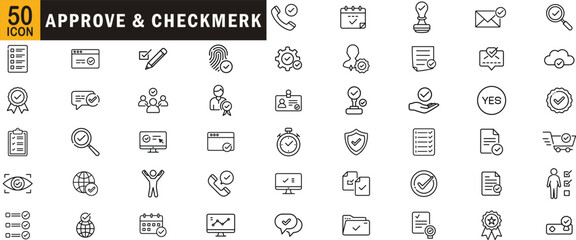 Approve and Checkmark editable outline icon set. Line icons of validation, tick marks, verification, certificates, approvals, and checklists.
