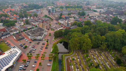 Aerial of the old town of the city Veendam in the Netherlands on an overcast day in summer