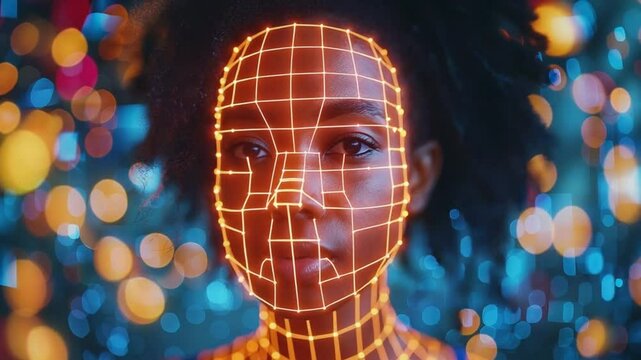 Futuristic AI face scan of a young woman with glowing face grid overlay on bokeh background