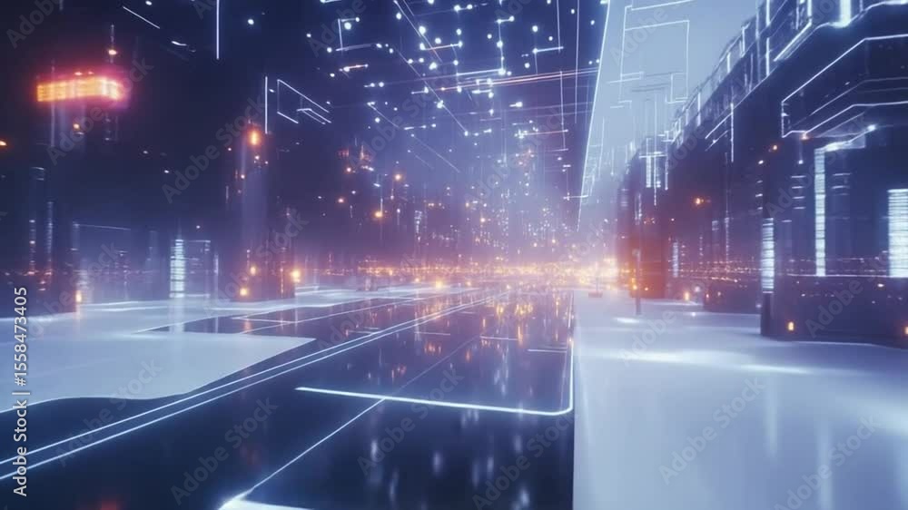 Poster abstract technological cityscape with glowing lights for data visualization and future tech