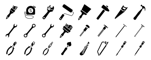 Construction tools vector icon set. Adjustable wrench, brush, roller, hammer and nails. Screw, nut and bolt. Tape measure, screwdriver, putty knife, saw, pliers and wire cutters