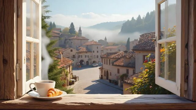 View of italian town from window with coffee and croissant on sill in morning sunlight scene setting. Peaceful morning in a hill village. Coffee and view from rustic window. Misty sunrise over rooftop