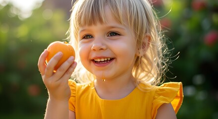 Young girl eating apricot outdoors