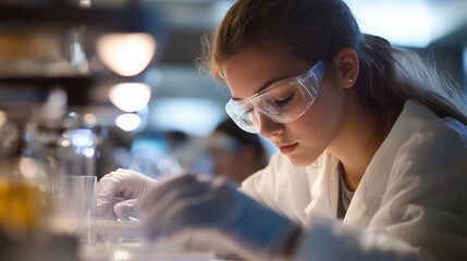 Young scientist conducting research in a laboratory setting with focus and precision during the evening hours