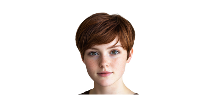 Young Woman With Short Red Hair And Freckles. Natural Beauty And Minimalist Style Isolated On Transparent Background