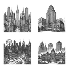 urban skylines, classic skyscrapers, and old city streets in engraving technique Set collection bundle sketch engraving generative ai raster illustration. Scratch board imitation. Black and white.