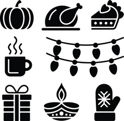 black silhouette celebration, harvest element vector, silhouette thanksgiving food, cozy season vector