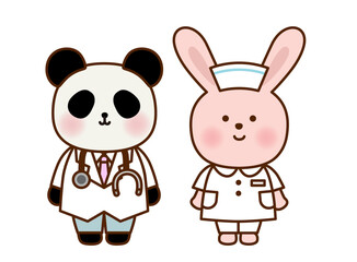 かわいい動物のお医者さん・ナースイラストセット｜パンダ・うさぎ	
